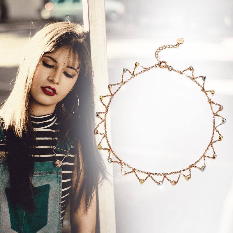 14K Silver & Gold & Rose Gold Sisters Single Chain Anklet For Women-6