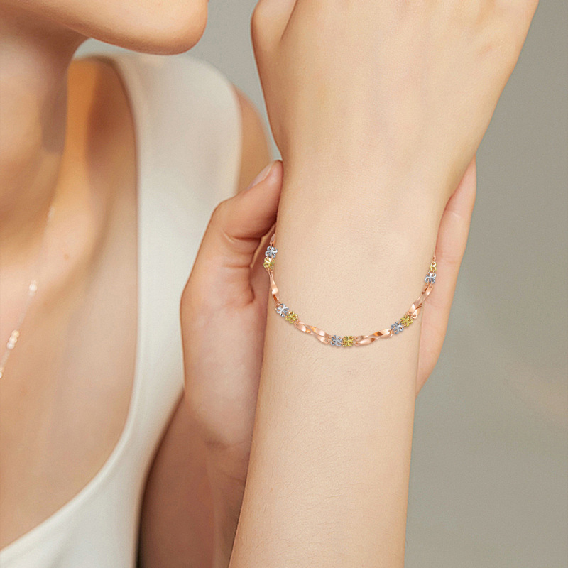 10K Solid Gold Tri-tone Tile Chain Bracelet for Women-2