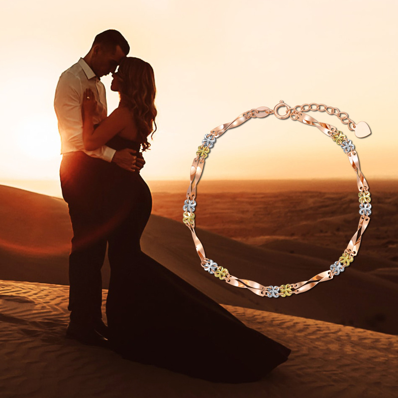 10K Solid Gold Tri-tone Tile Chain Bracelet for Women-3