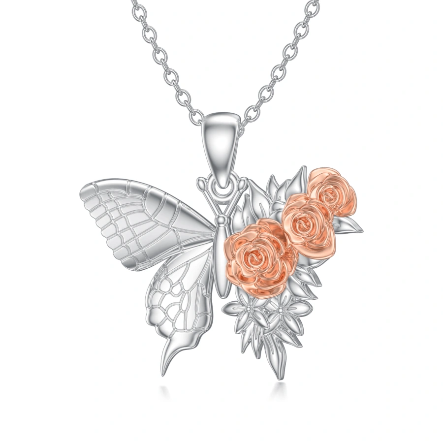 Collar de plata de ley con mariposa y rosa en dos tonos para mujer-1