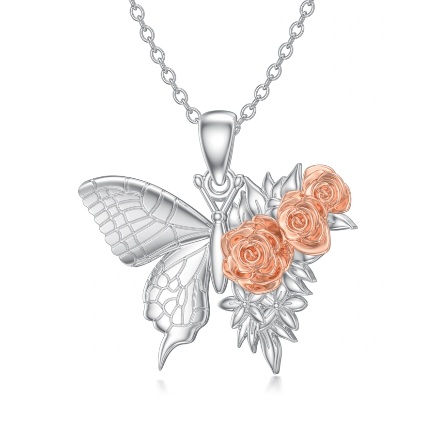 Sterling Silver Two-tone Butterfly & Rose Necklace for Women-1