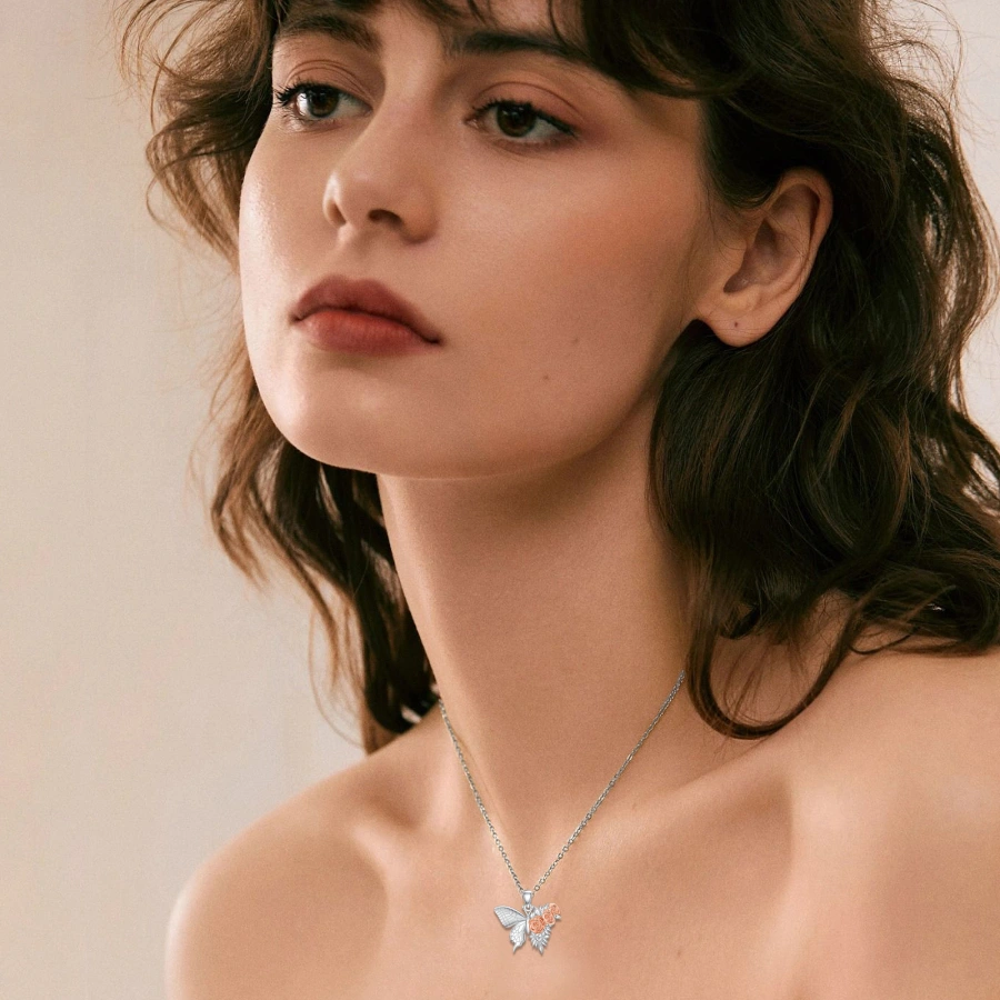 Collar de plata de ley con mariposa y rosa en dos tonos para mujer-2