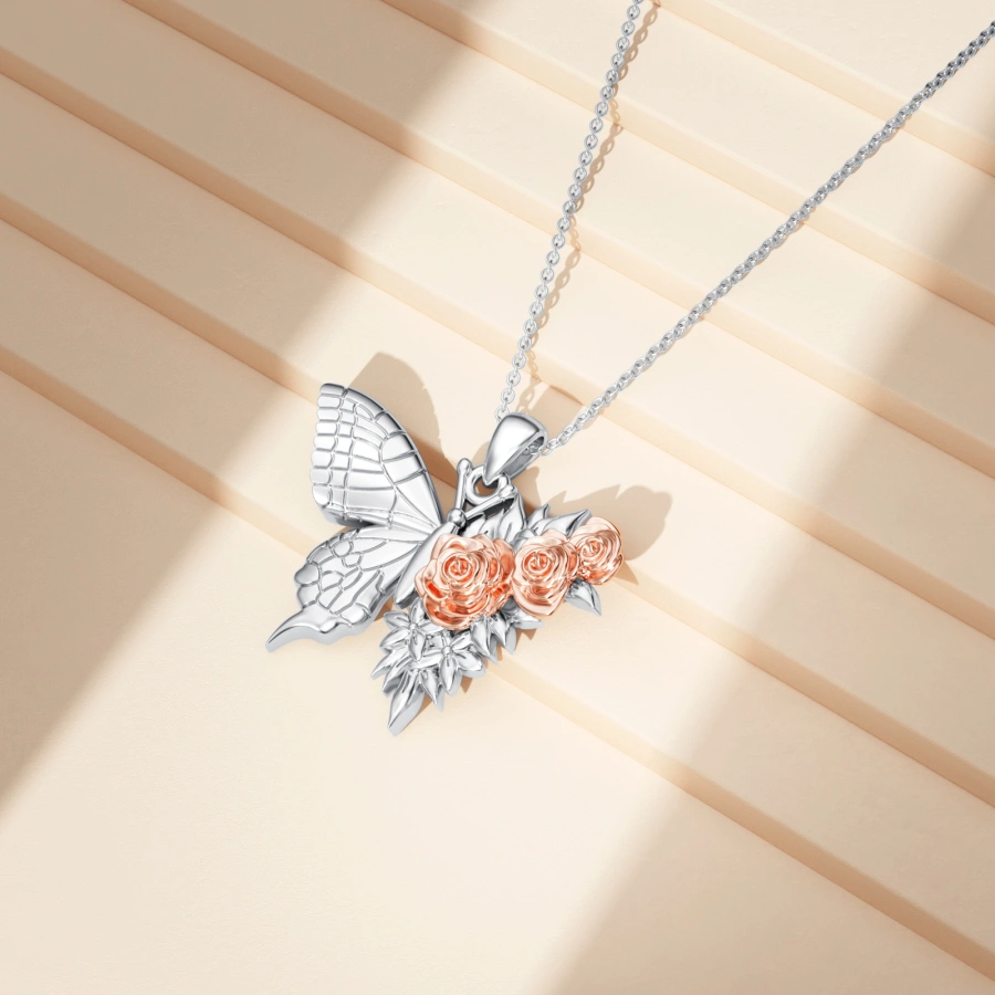 Sterling Silver Two-tone Butterfly & Rose Necklace for Women-3