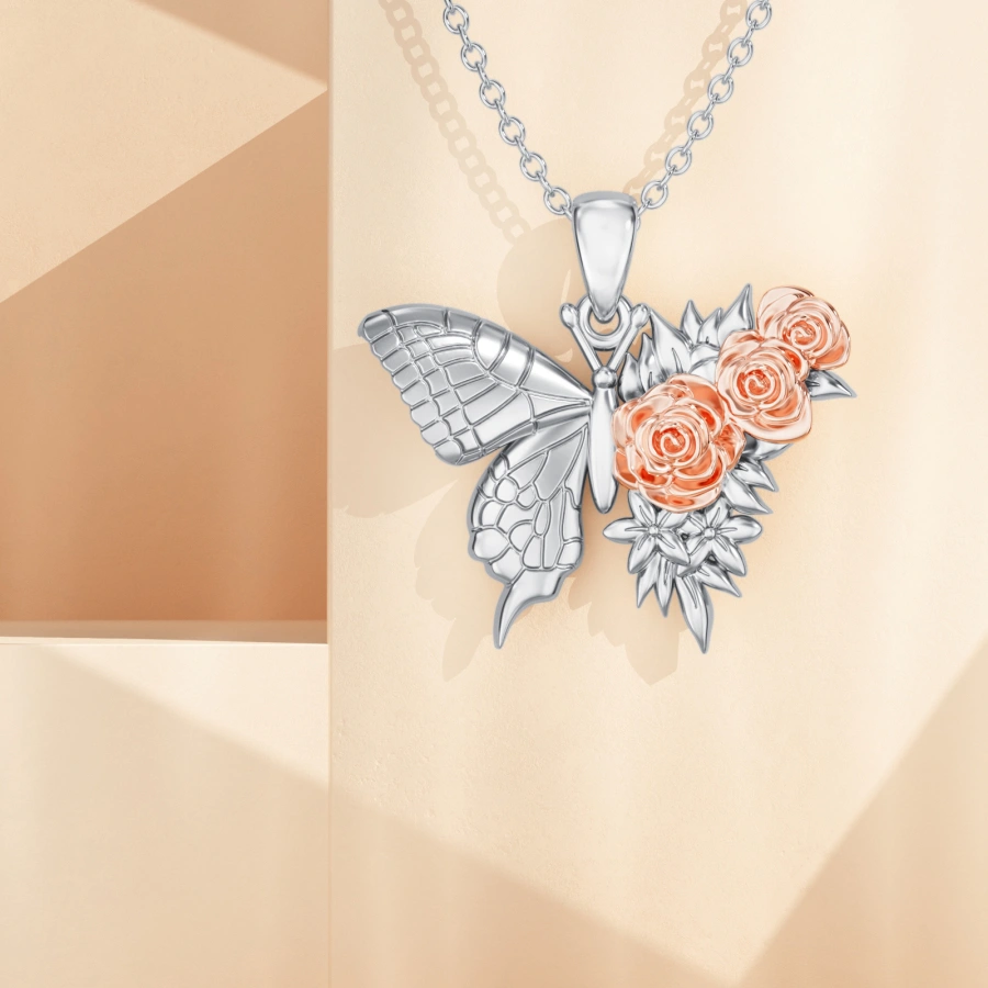 Collar de plata de ley con mariposa y rosa en dos tonos para mujer-4