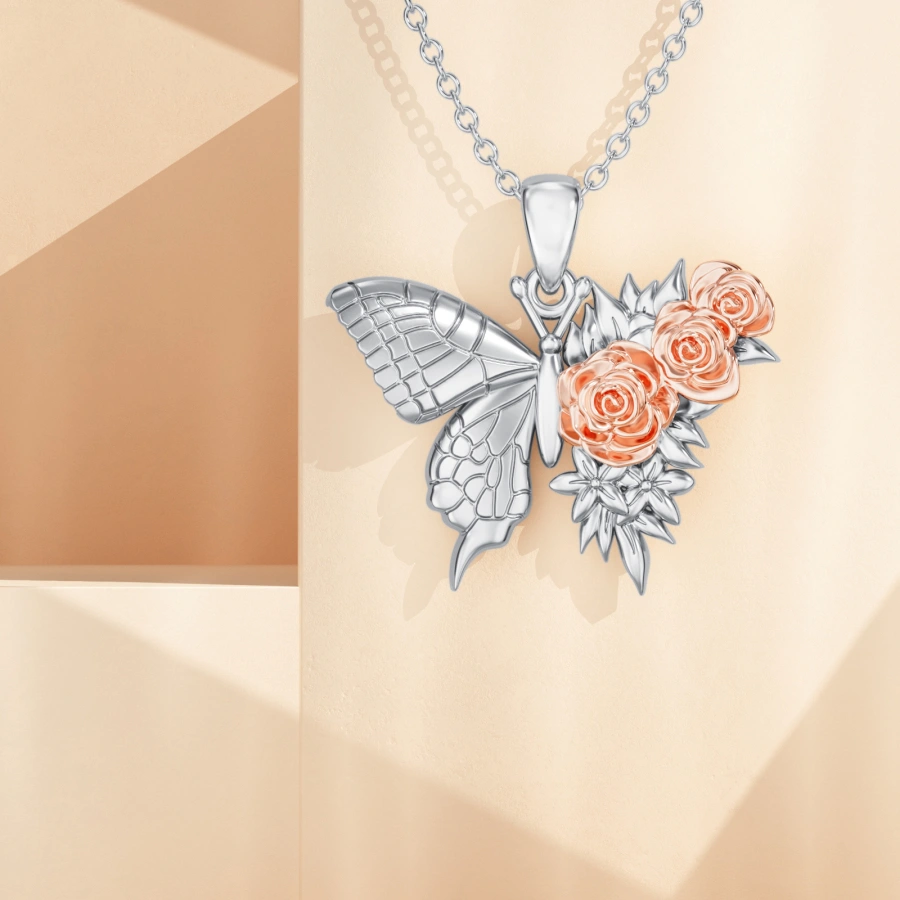 Sterling Silver Two-tone Butterfly & Rose Necklace for Women-4