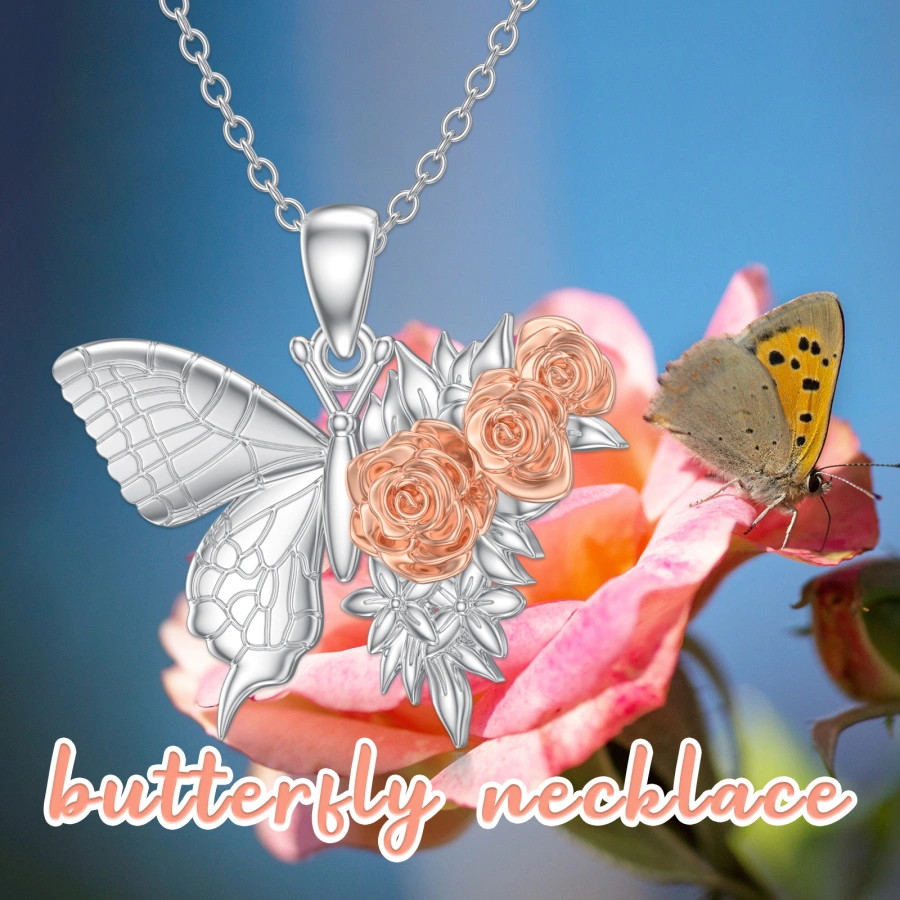 Sterling Silver Two-tone Butterfly & Rose Necklace for Women-6