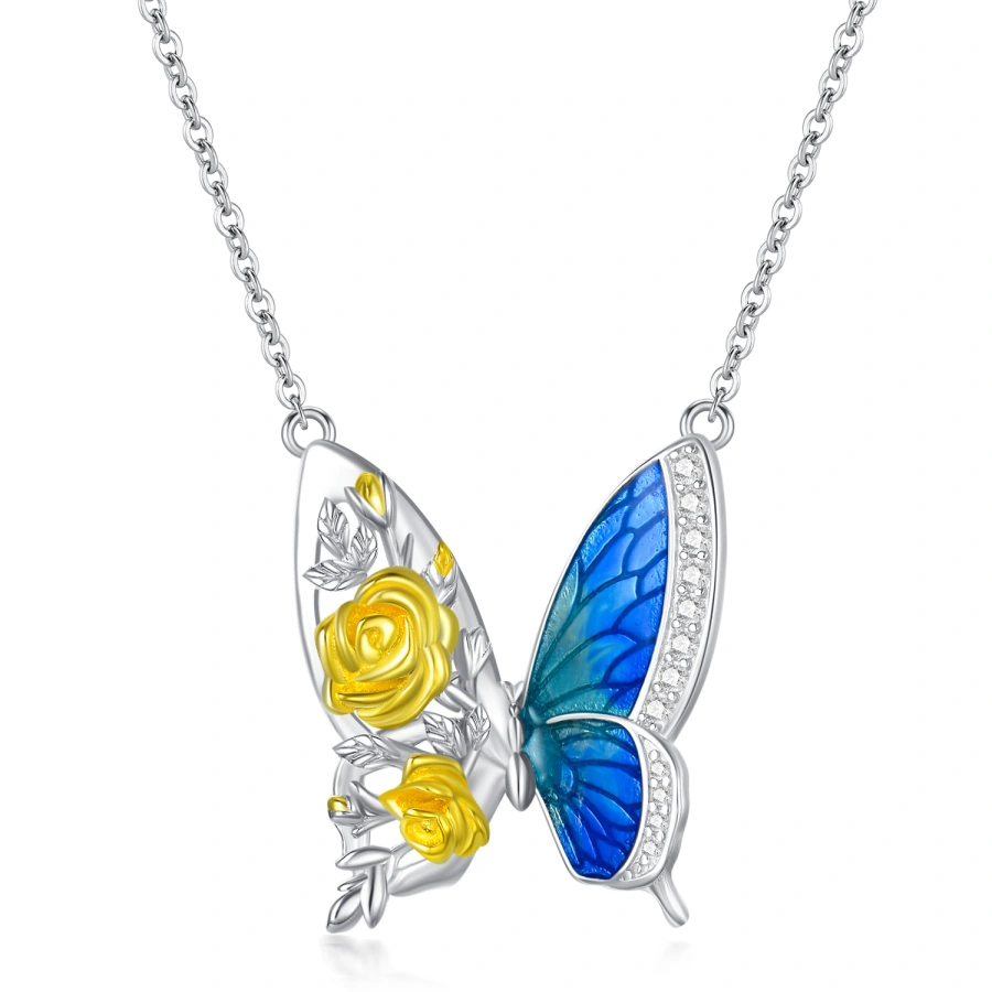 Sterling Silver Two-tone Butterfly & Rose Necklace for Women-1