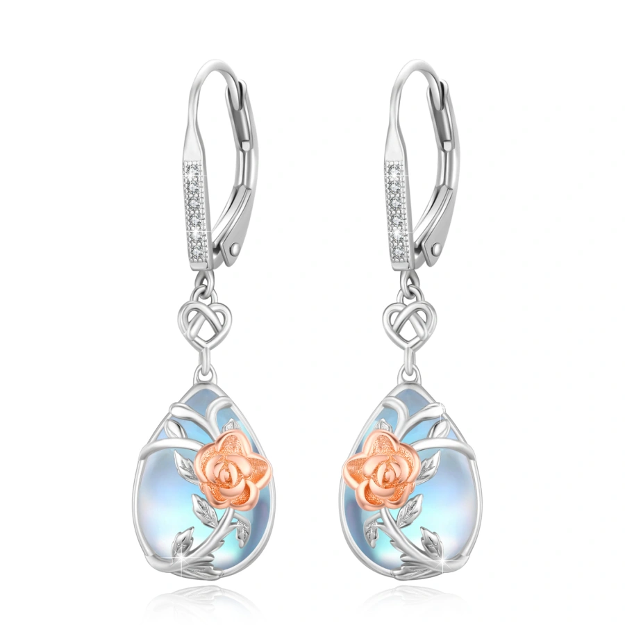 Sterling Silver Two-tone Moonstone Rose & Heart Lever-back Earrings for Women-1