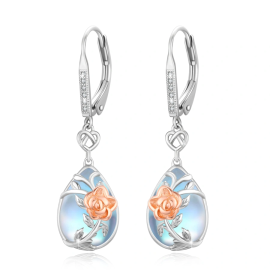 Sterling Silver Two-tone Moonstone Rose & Heart Lever-back Earrings for Women