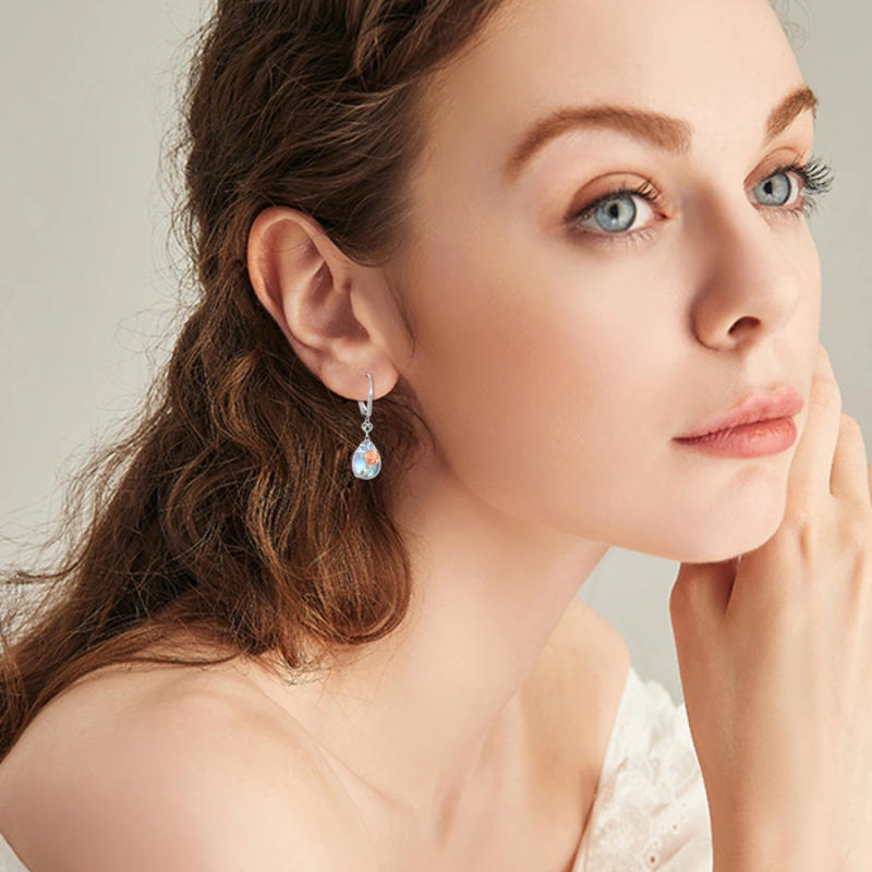 Brincos de prata esterlina com dois tons de rosa da pedra da lua e coração com fecho de al-2