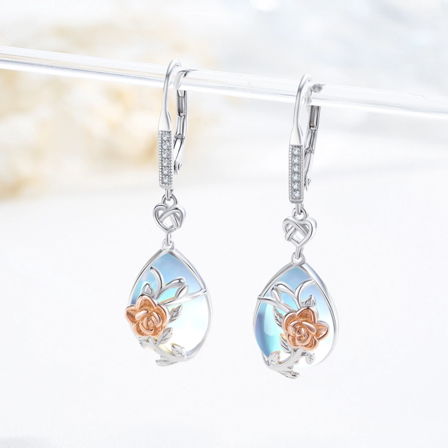 Sterling Silver Two-tone Moonstone Rose & Heart Lever-back Earrings for Women-4