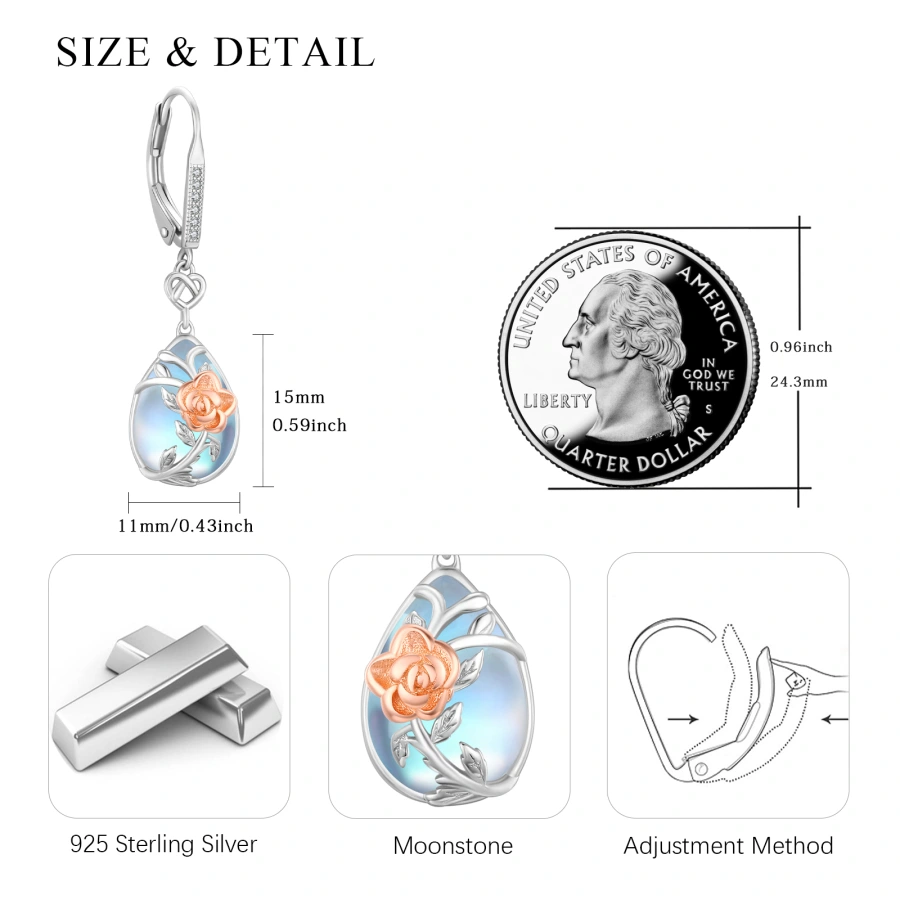 Sterling Silver Two-tone Moonstone Rose & Heart Lever-back Earrings for Women-5