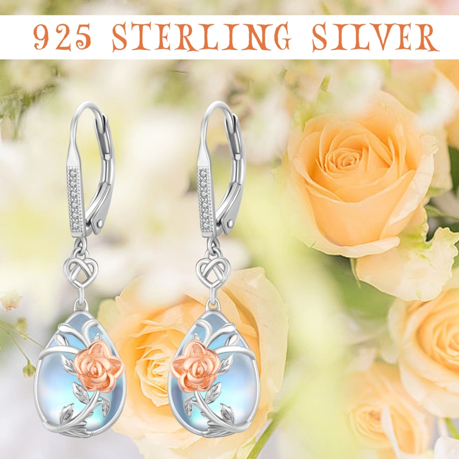 Sterling Silver Two-tone Moonstone Rose & Heart Lever-back Earrings for Women-6