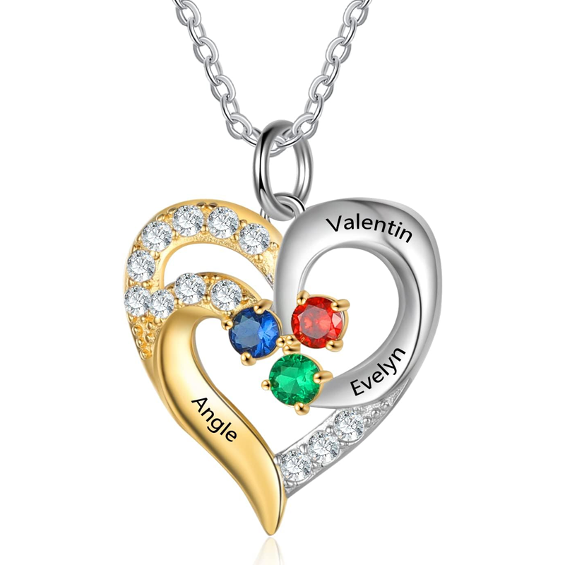 Collar de corazón con grabado de piedra natal personalizado en dos tonos para mujer-1