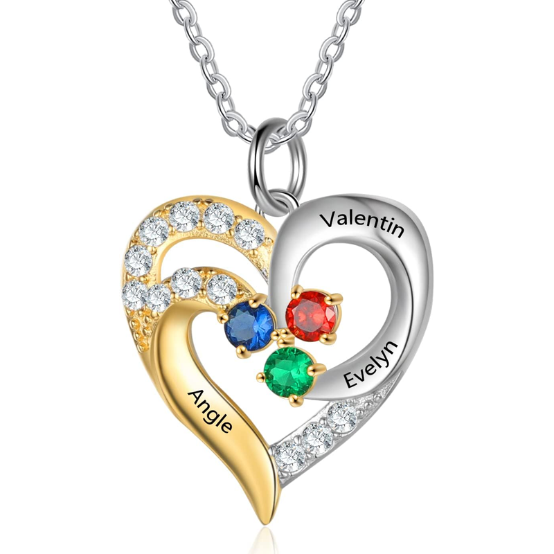 Two-tone Personalized Birthstone Engraving Heart Necklace for Women-1