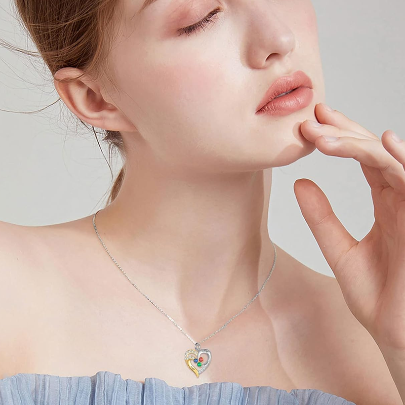 Collar con corazón grabado con piedra natal personalizada en dos tonos de oro de 14 quilates para mujer-2