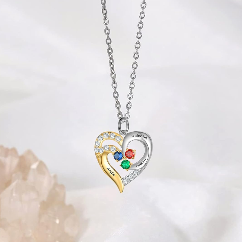 Two-tone Personalized Birthstone Engraving Heart Necklace for Women-3