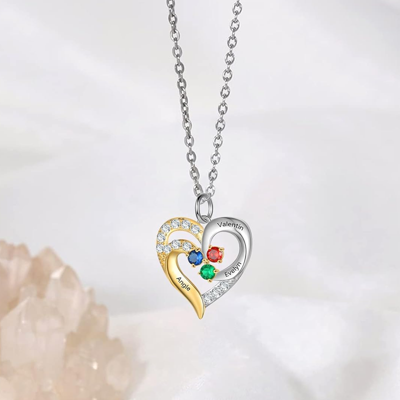 Collar con corazón grabado con piedra natal personalizada en dos tonos de oro de 14 quilates para mujer-3