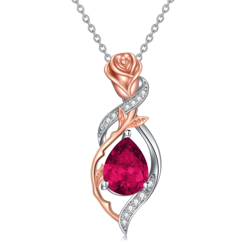 Zweifarbige Halskette aus Sterlingsilber mit personalisiertem Geburtsstein und Rosentropfen für Damen-1