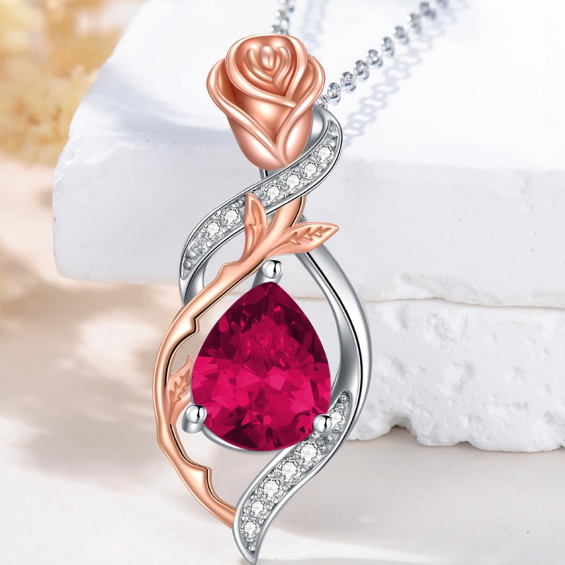 Zweifarbige Halskette aus Sterlingsilber mit personalisiertem Geburtsstein und Rosentropfen für Damen-3