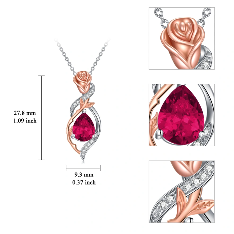 Zweifarbige Halskette aus Sterlingsilber mit personalisiertem Geburtsstein und Rosentropfen für Damen-4
