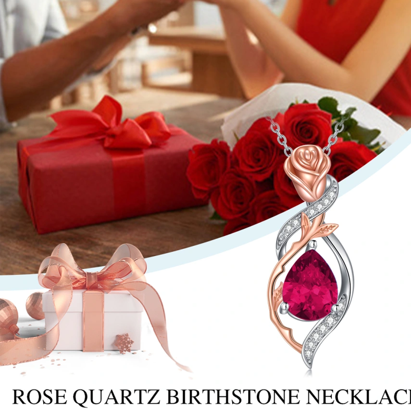 Sterling Silver Two-tone Personalized Birthstone Rose Drop Necklace for Women-5