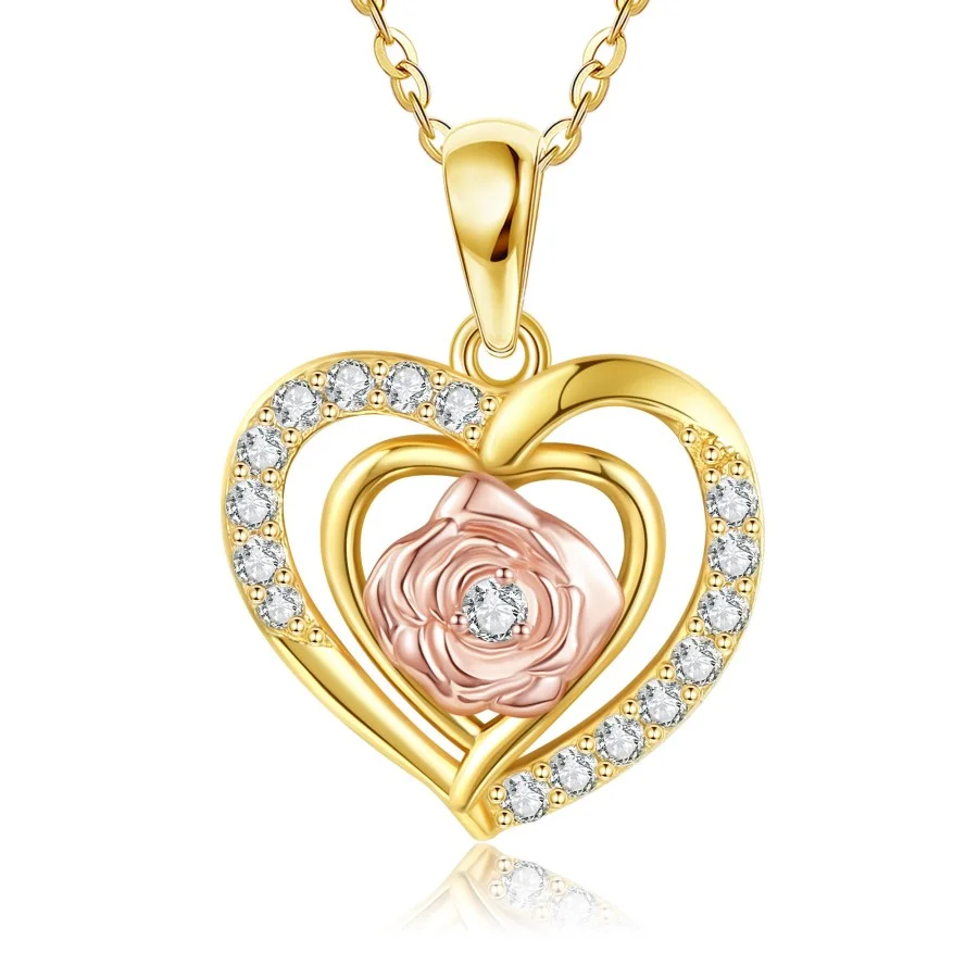 Sterling Silver Two-tone Cubic Zirconia Rose & Heart With Heart Necklace for Women-1