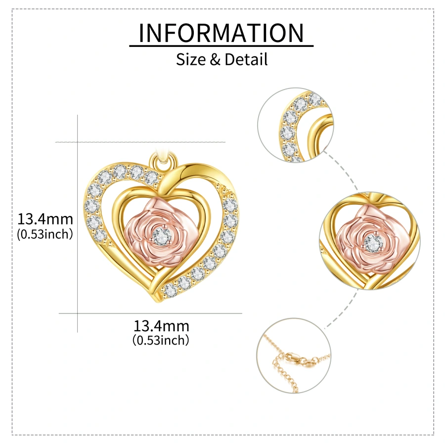 Sterling Silver Two-tone Cubic Zirconia Rose & Heart With Heart Necklace for Women-5