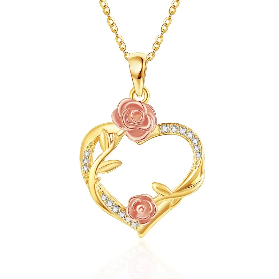 Collar de plata de ley con forma de corazón y rosa con circonitas cúbicas de dos tonos para mujer-1