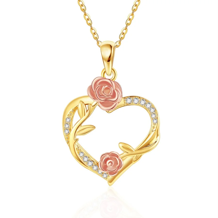 Sterling Silver Two-tone Cubic Zirconia Rose & Heart Necklace for Women-1