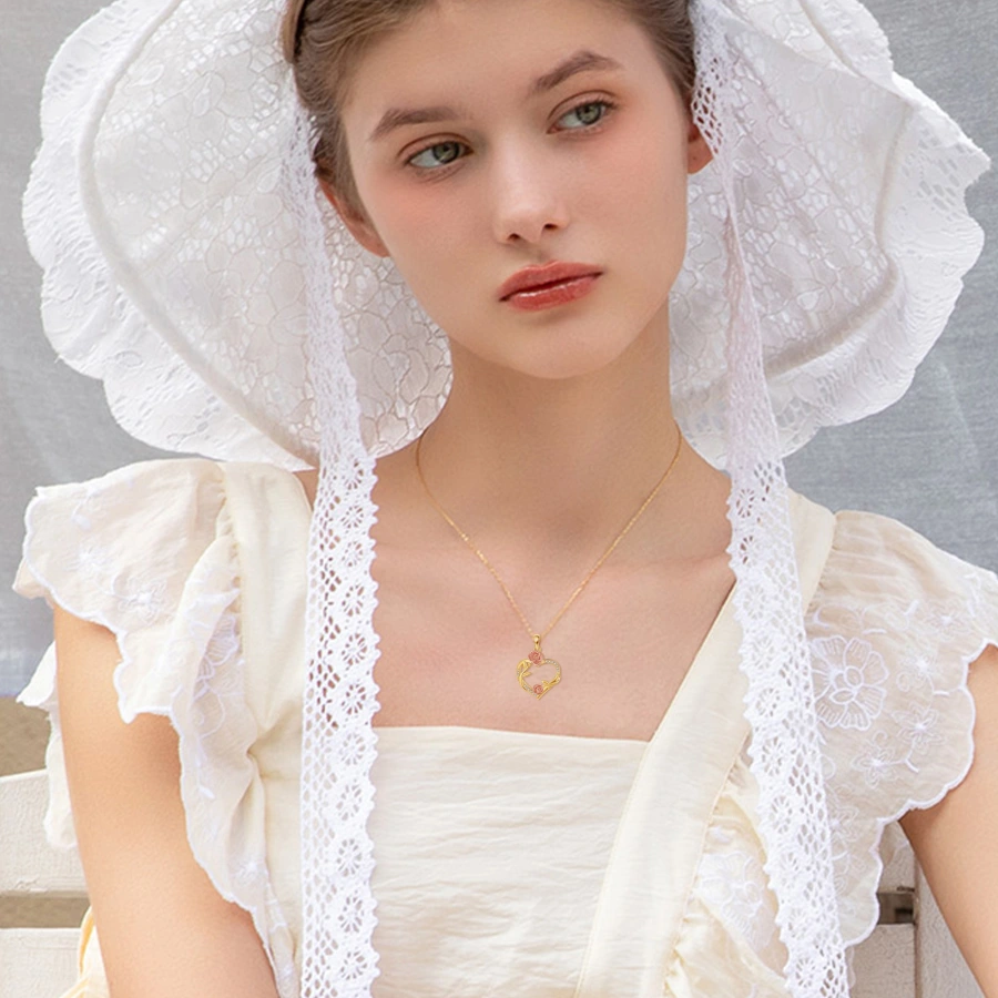 Collar de plata de ley con forma de corazón y rosa con circonitas cúbicas de dos tonos para mujer-2