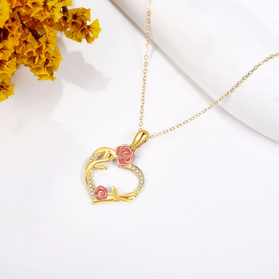 Collar de plata de ley con forma de corazón y rosa con circonitas cúbicas de dos tonos para mujer-4