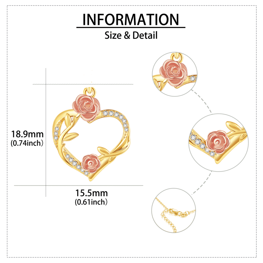 Collar de plata de ley con forma de corazón y rosa con circonitas cúbicas de dos tonos para mujer-5