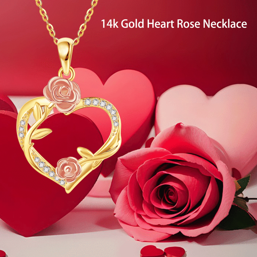 Collar de plata de ley con forma de corazón y rosa con circonitas cúbicas de dos tonos para mujer-6