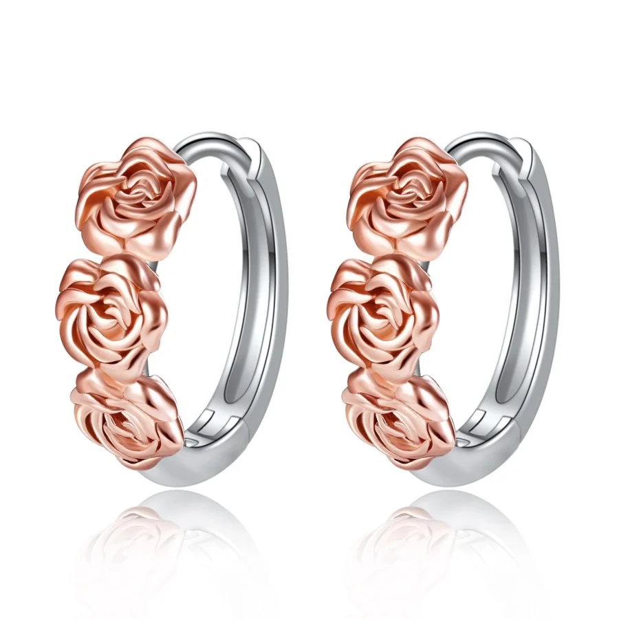 Sterling Silver Two-tone Rose Hoop Earrings for Women-1