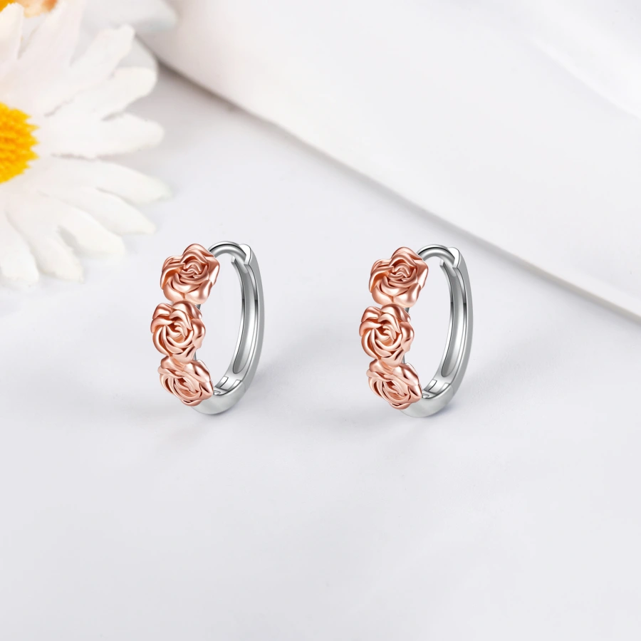 Sterling Silver Two-tone Rose Hoop Earrings for Women-3