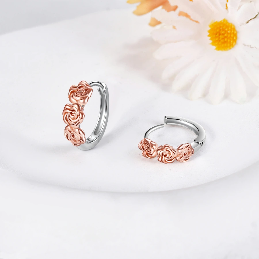 Sterling Silver Two-tone Rose Hoop Earrings for Women-4