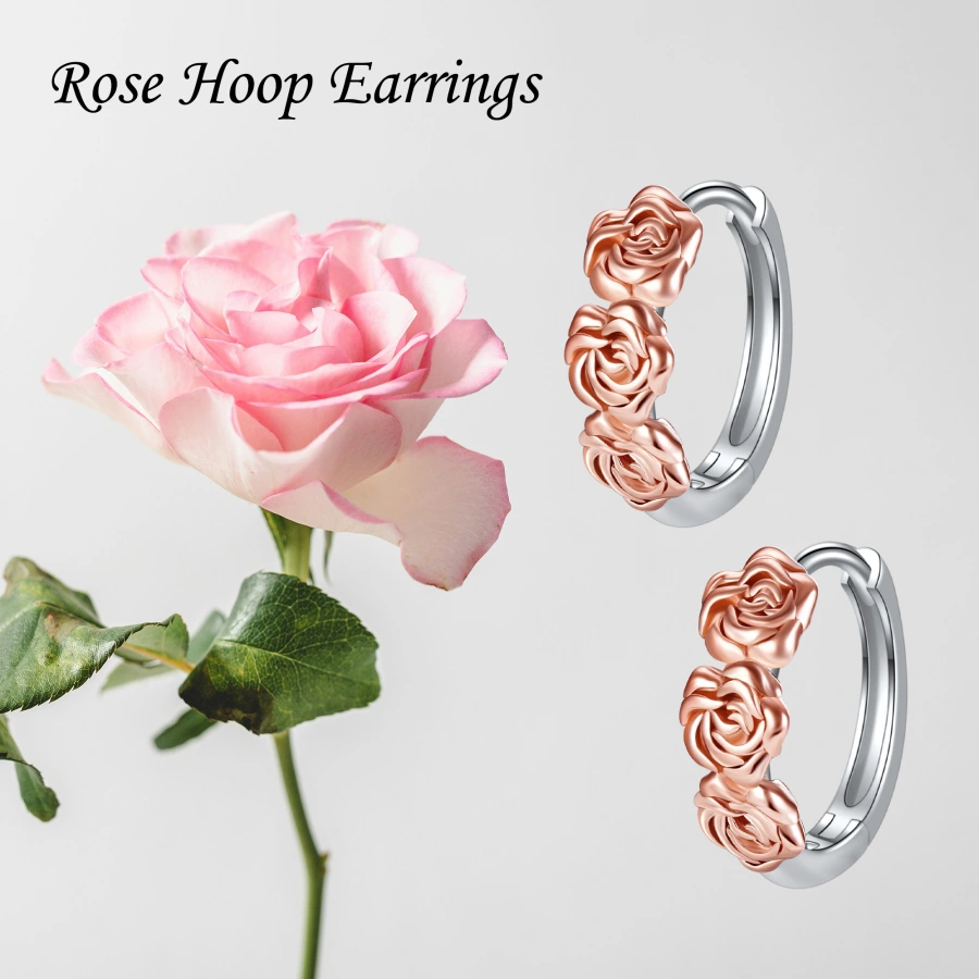 Sterling Silver Two-tone Rose Hoop Earrings for Women-6