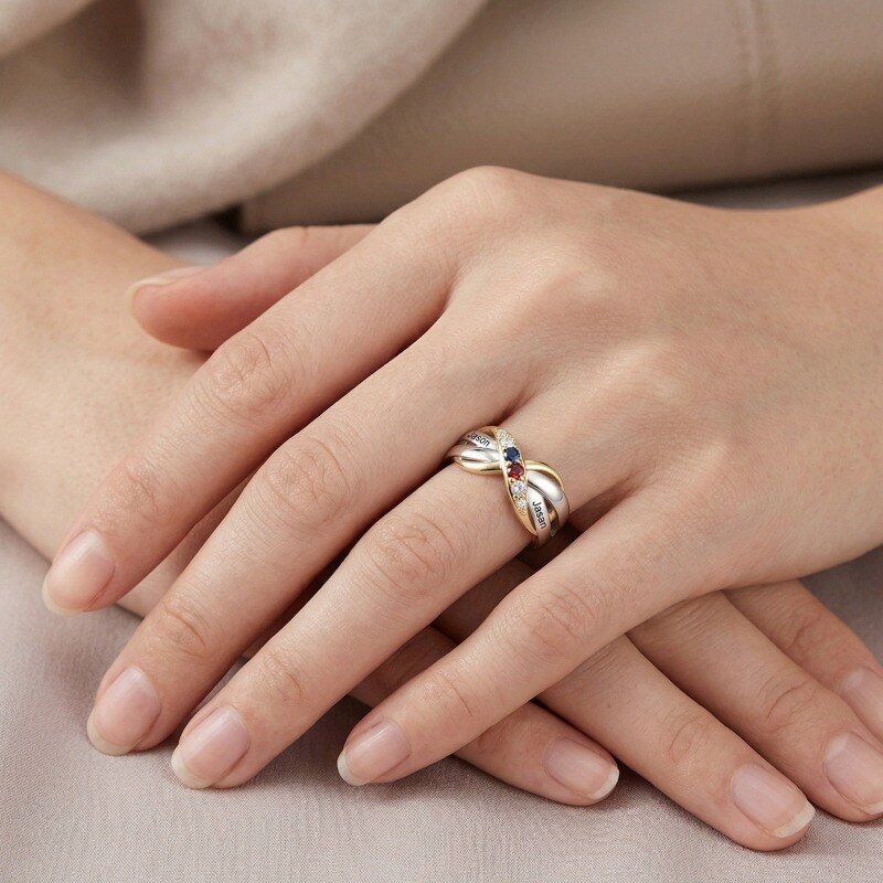 14K ツートンラウンドジルコン パーソナライズ誕生石ネームインフィニティリング-2