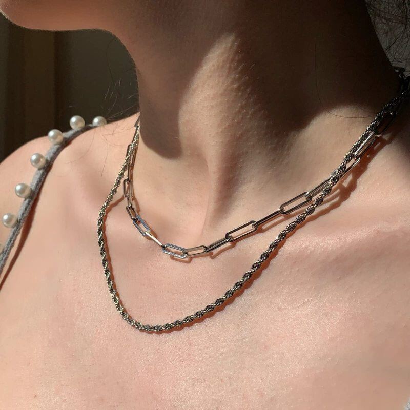 Collana con catena a graffetta in oro bianco 10K, larghezza 4,0 mm, lunghezza 14 pollici-2