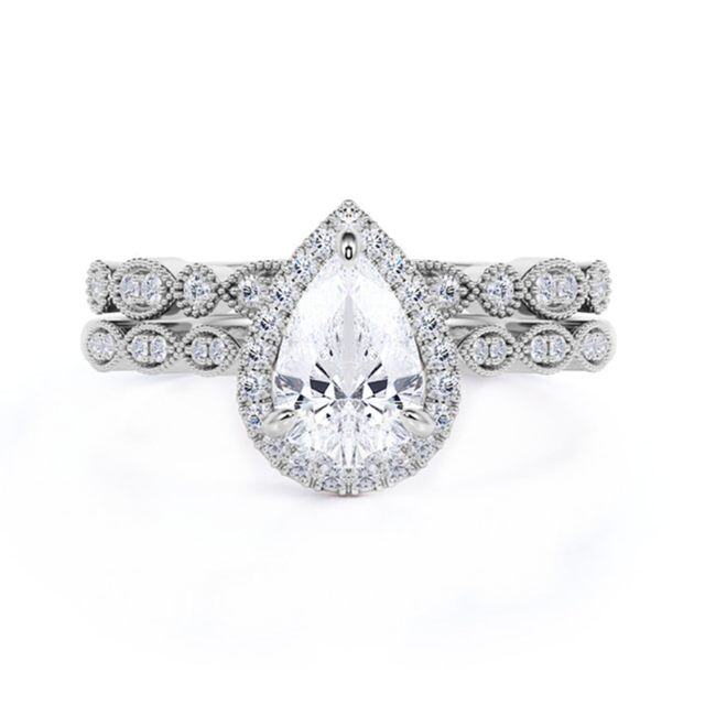 18K White Gold 1CT Pear Shaped Moissanite Engagement Ring Set-1