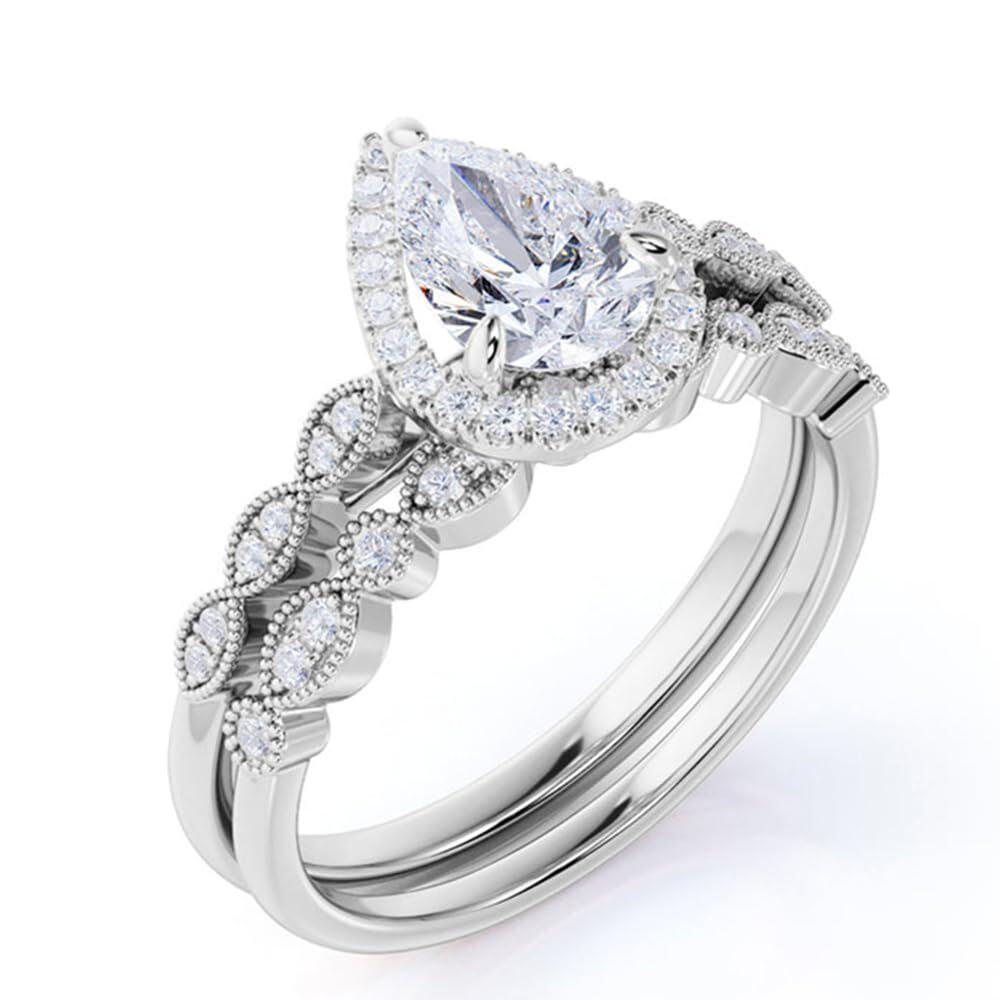 10K White Gold Pear Moissanite Personalized Engraving Engagement Ring-3