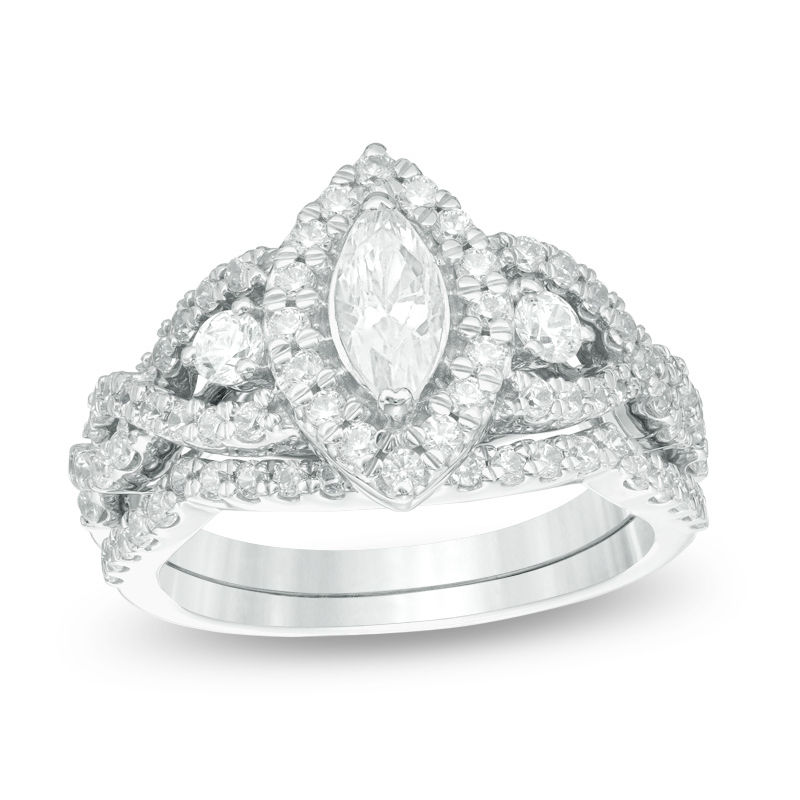 14K White Gold 1-1/2 CT Marquise Diamond Custom Frame Twist Bridal Set Engagement Ring-1