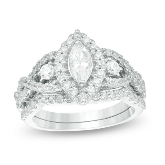 10K witgouden 1-1/2 CT Marquise diamant op maat gemaakte frame twist bruidsset verlovingsring