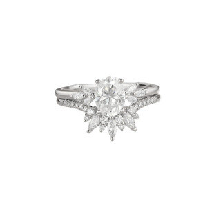 10K White Gold 1.25CT Oval Cut Moissanite Crown Curved Cluster Engagement Ring Set-16