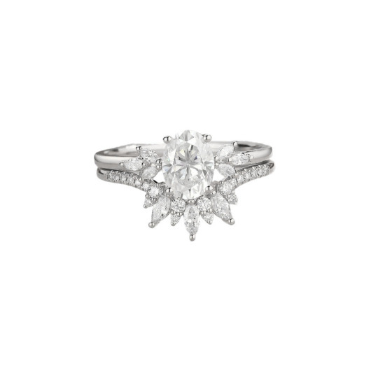 Zestaw pierścionków zaręczynowych z 10-karatowego białego złota, 1,25 ct, o owalnym szlifie, z koroną Moissanite Curved Cluster
