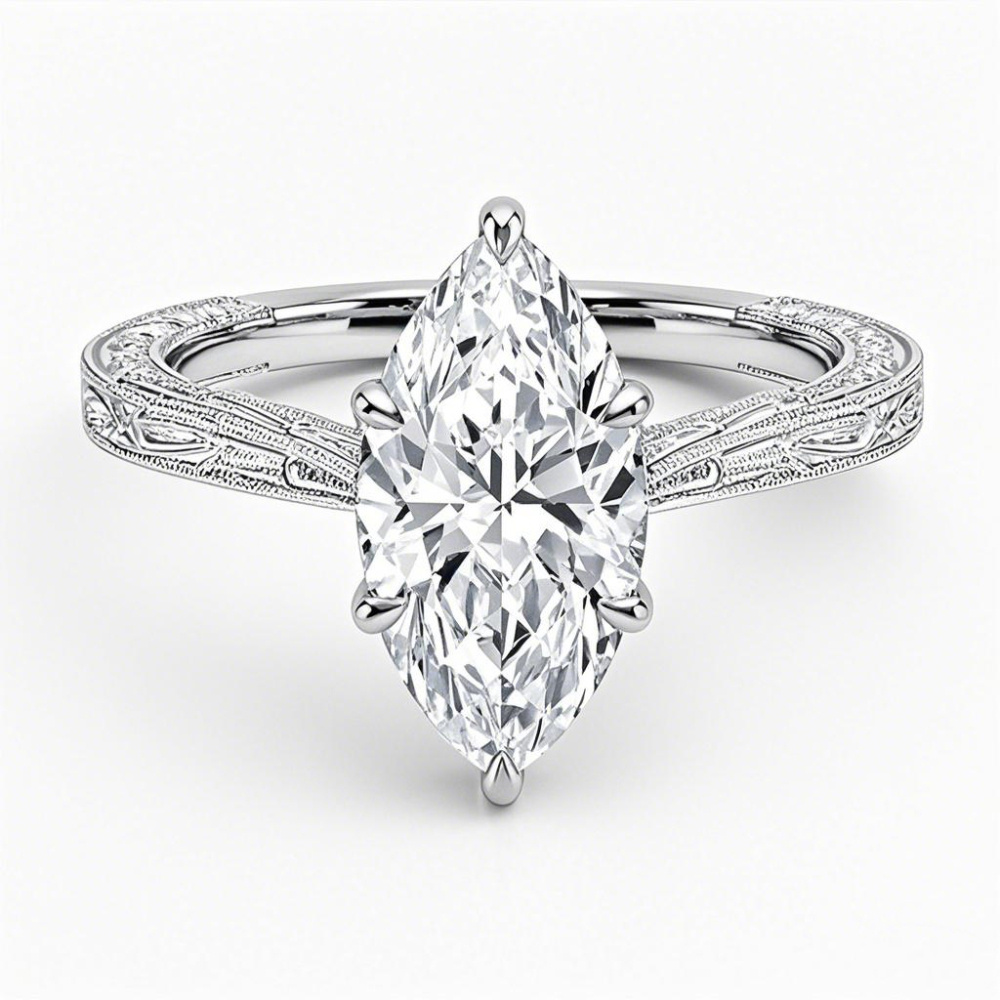 10K White Gold 0.5 to 3 CT Marquise Cut Lab Created Diamond Engraved Engagement Band-1