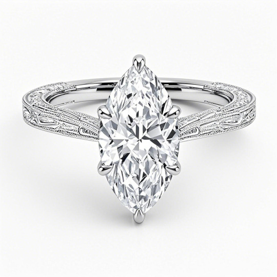 10K White Gold 0.5 to 3 CT Marquise Cut Lab Created Diamond Engraved Engagement Band