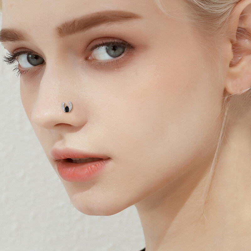 Sterling Silver Agate Horseshoe Nose Ring-2