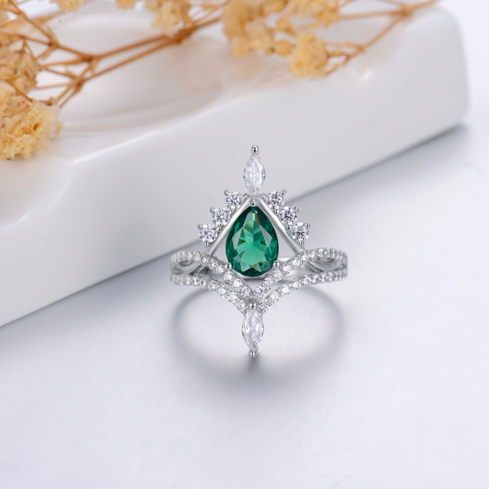 Anillo de oro blanco de 9 quilates con circonita cúbica y piedra de nacimiento-3